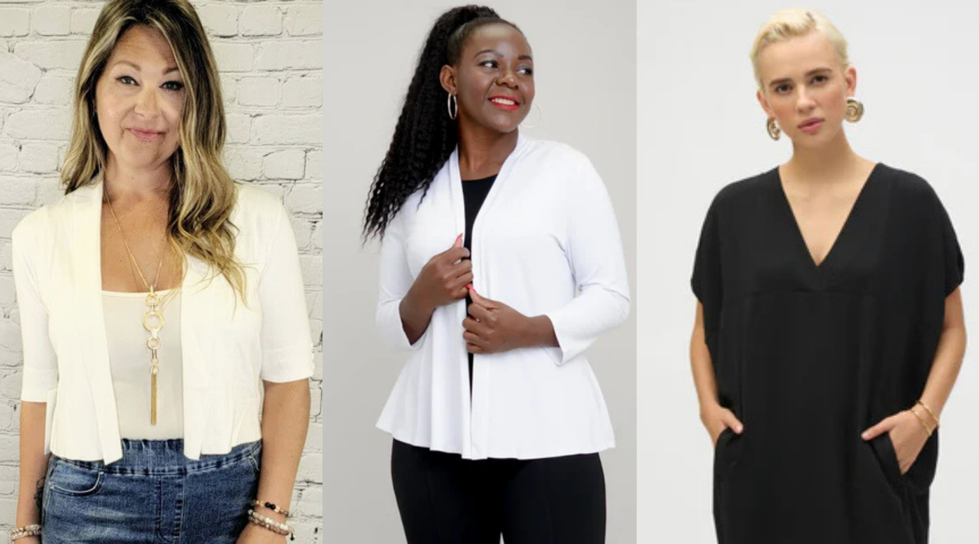 Three women in stylish summer layers: a cropped cardigan, a white topper, and a black V-neck dress.
