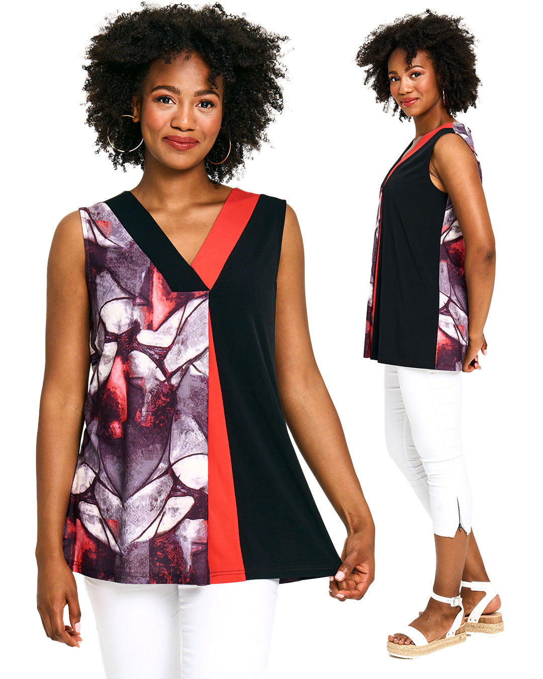 Woman wearing a sleeveless tunic with a bold red, black, and abstract print design, paired with white cropped pants and wedge sandals, shown from the front and side.