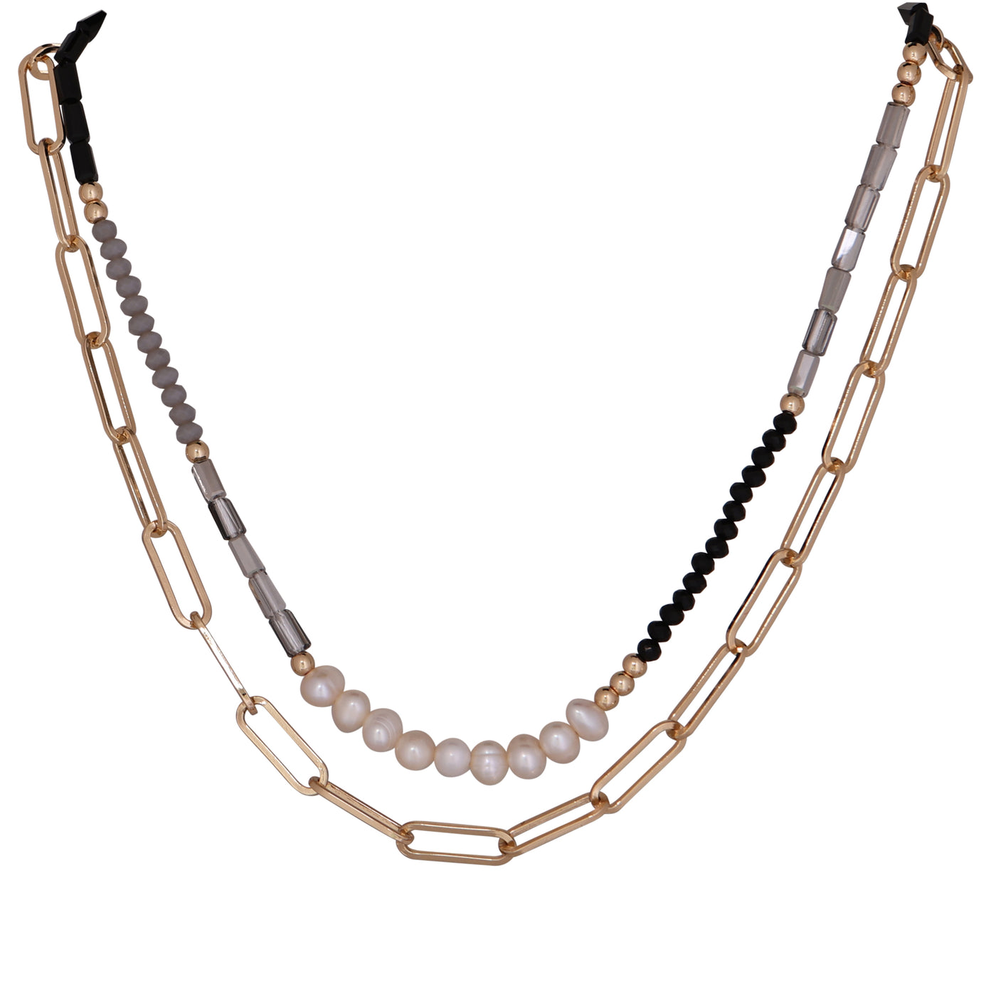 Pearl with Grey and Black Stone Necklace - two strand