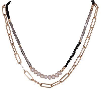 Pearl with Grey and Black Stone Necklace - two strand