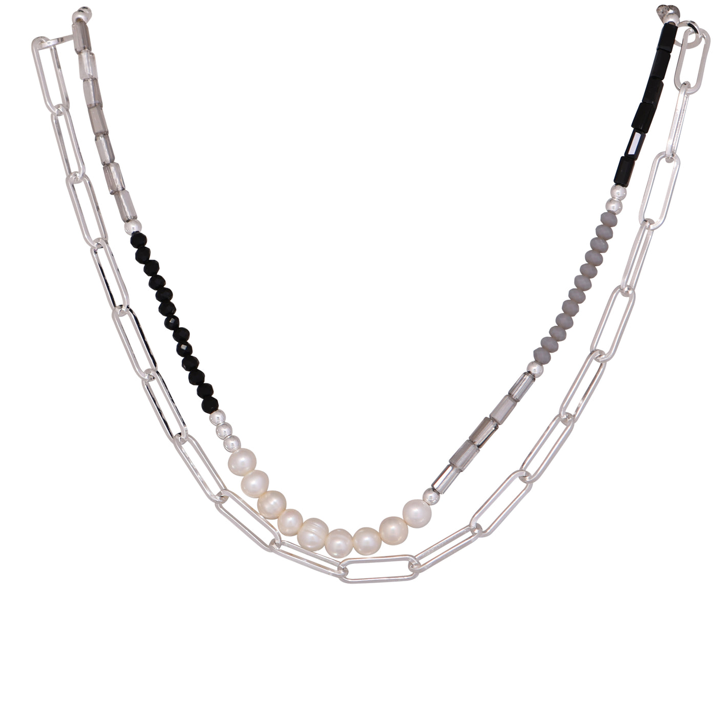 Pearl with Grey and Black Stone Necklace - two strand