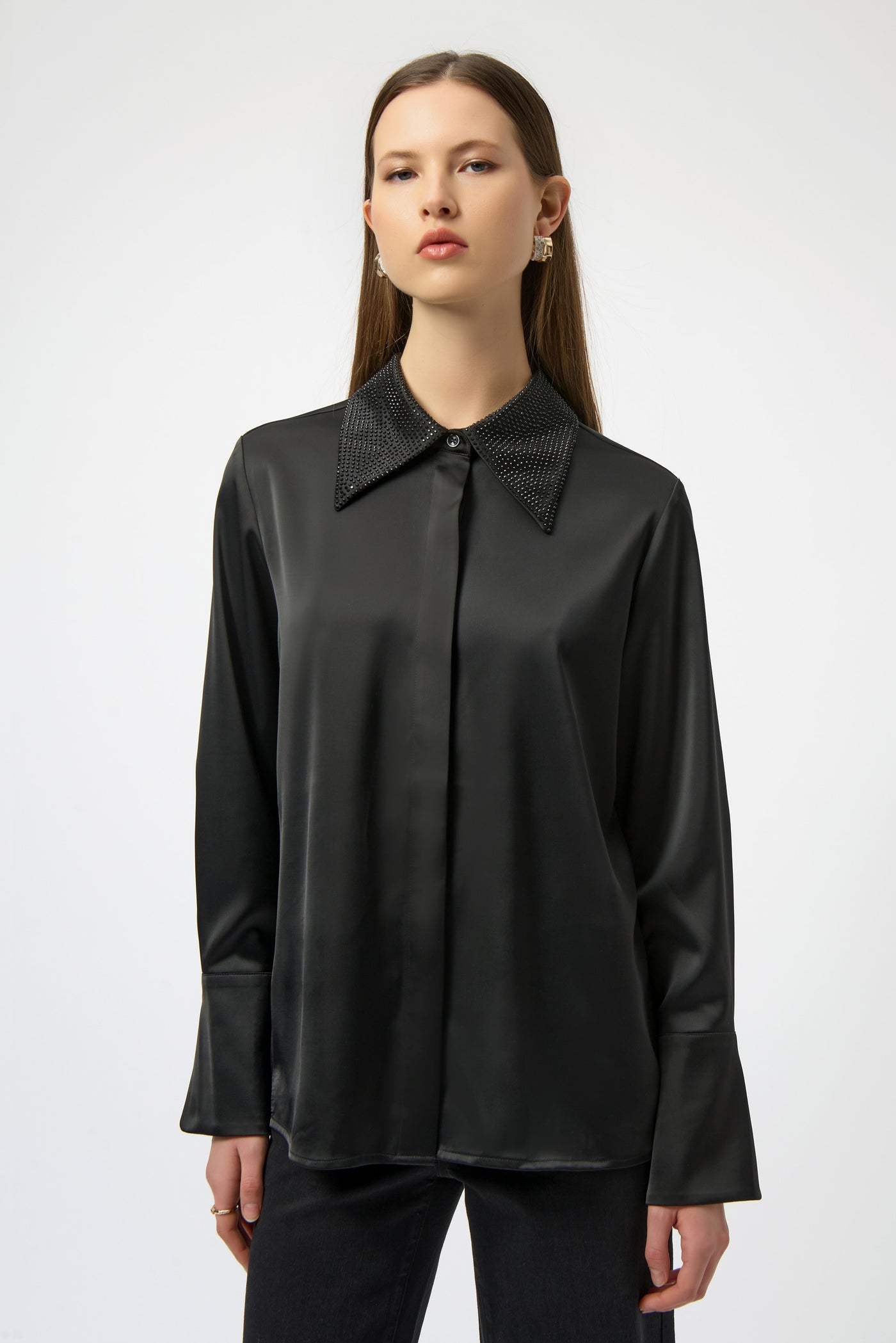Satin Button Front Blouse with Embellished Collar- Joseph Ribkoff