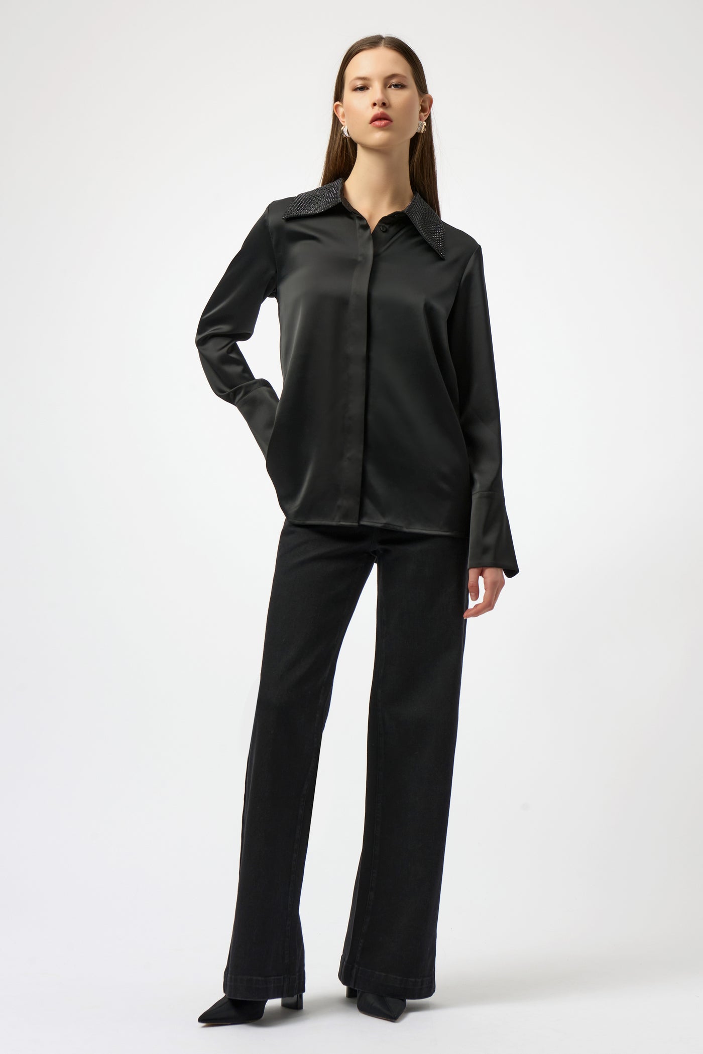 Satin Button Front Blouse with Embellished Collar- Joseph Ribkoff