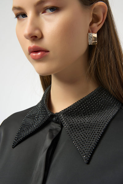 Satin Button Front Blouse with Embellished Collar- Joseph Ribkoff