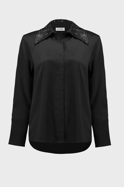 Satin Button Front Blouse with Embellished Collar- Joseph Ribkoff