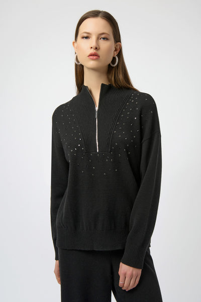 Mock Neck Half Zip Sweater with Rhinestones by Joseph Ribkoff - Two colours