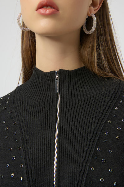 Mock Neck Half Zip Sweater with Rhinestones by Joseph Ribkoff - Two colours