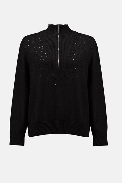 Mock Neck Half Zip Sweater with Rhinestones by Joseph Ribkoff - Two colours