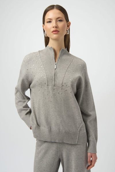 Mock Neck Half Zip Sweater with Rhinestones by Joseph Ribkoff - Two colours