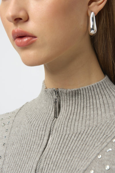 Mock Neck Half Zip Sweater with Rhinestones by Joseph Ribkoff - Two colours