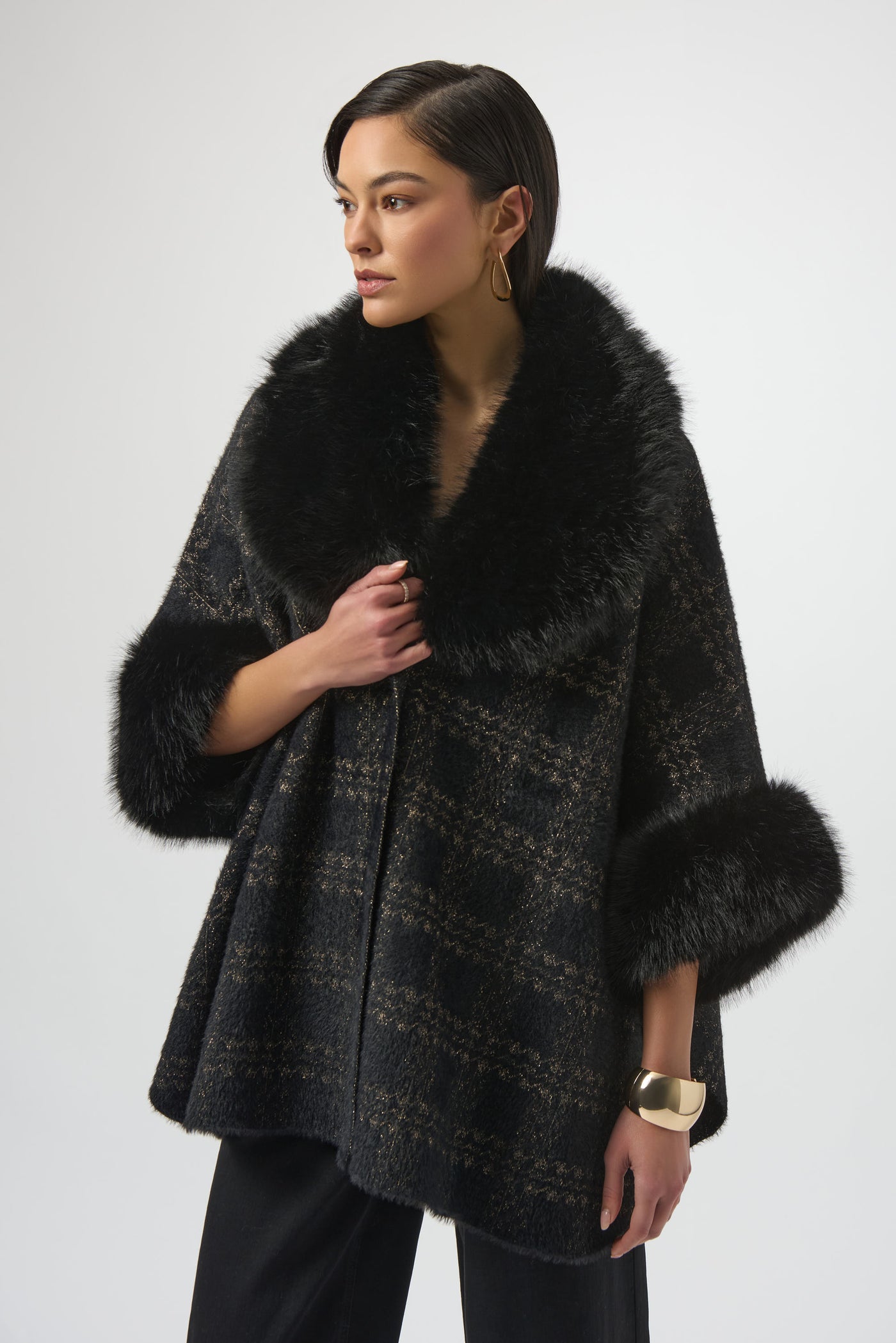 Jacquard Sweater Knit Cape with Faux Fur Accents by Joseph Ribkoff