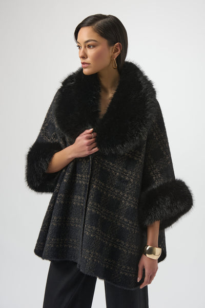 Jacquard Sweater Knit Cape with Faux Fur Accents by Joseph Ribkoff