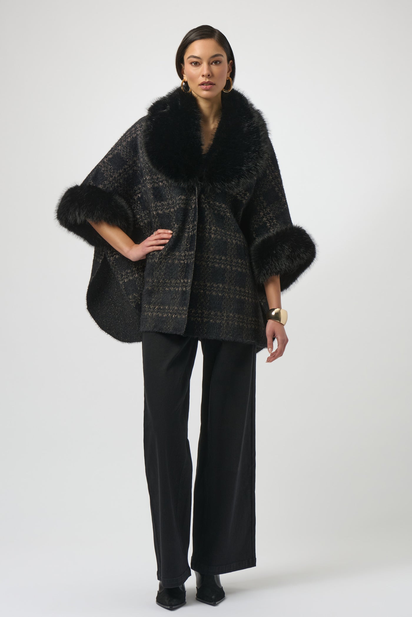 Jacquard Sweater Knit Cape with Faux Fur Accents by Joseph Ribkoff