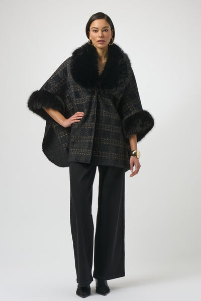 Jacquard Sweater Knit Cape with Faux Fur Accents by Joseph Ribkoff