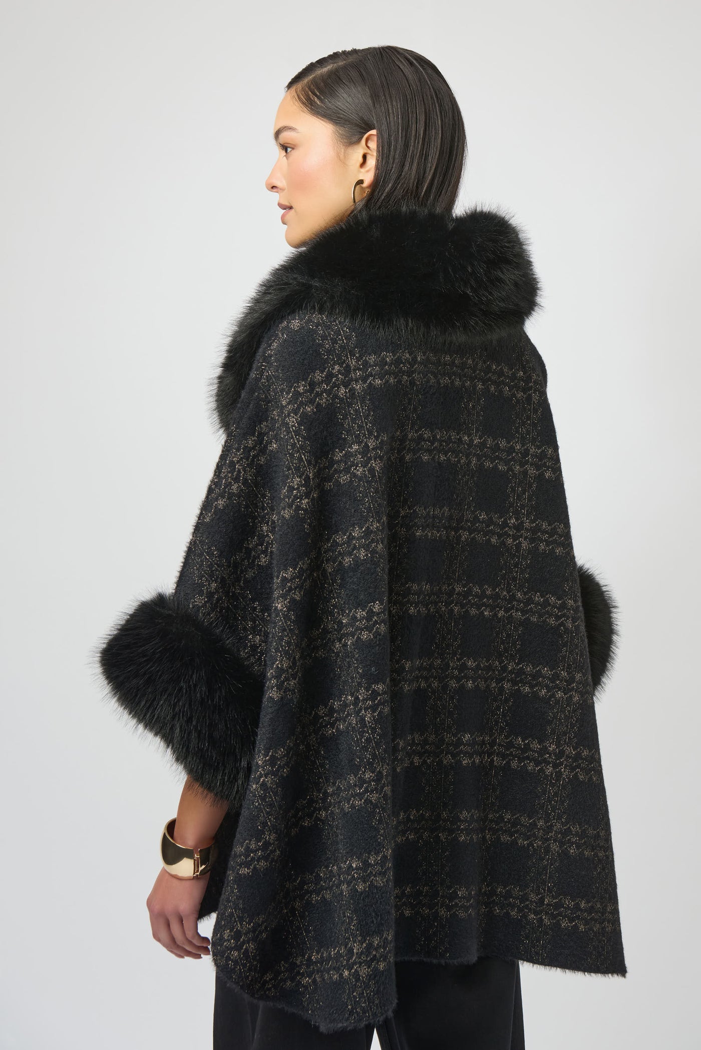 Jacquard Sweater Knit Cape with Faux Fur Accents by Joseph Ribkoff