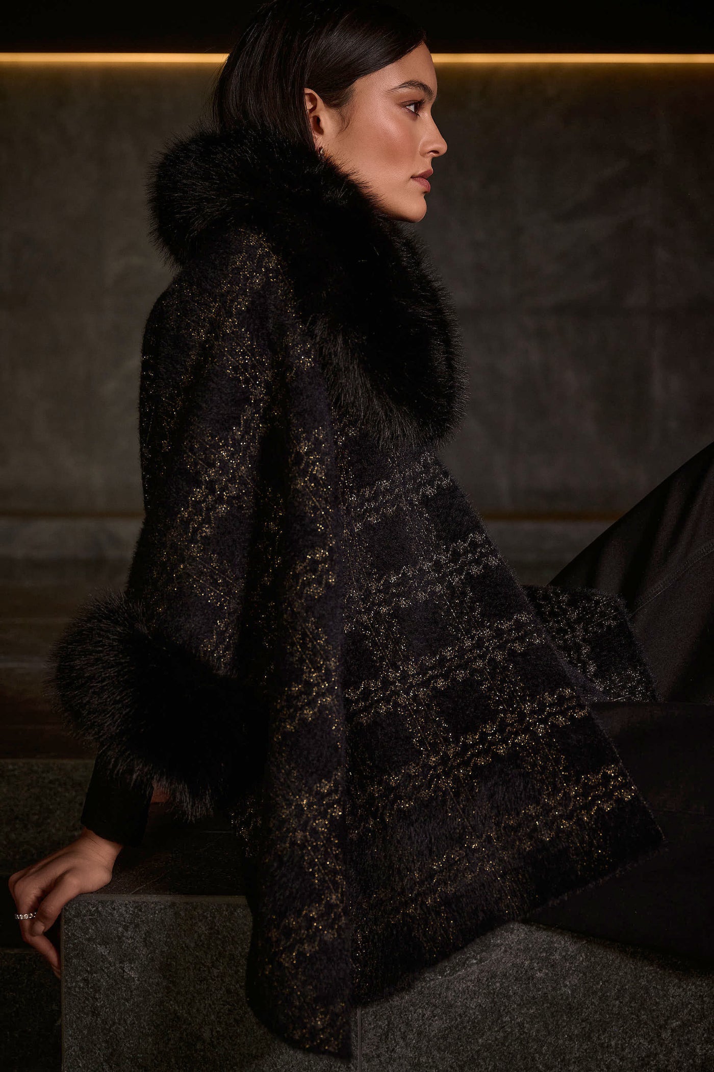 Jacquard Sweater Knit Cape with Faux Fur Accents by Joseph Ribkoff