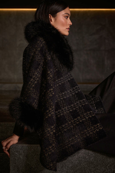 Jacquard Sweater Knit Cape with Faux Fur Accents by Joseph Ribkoff