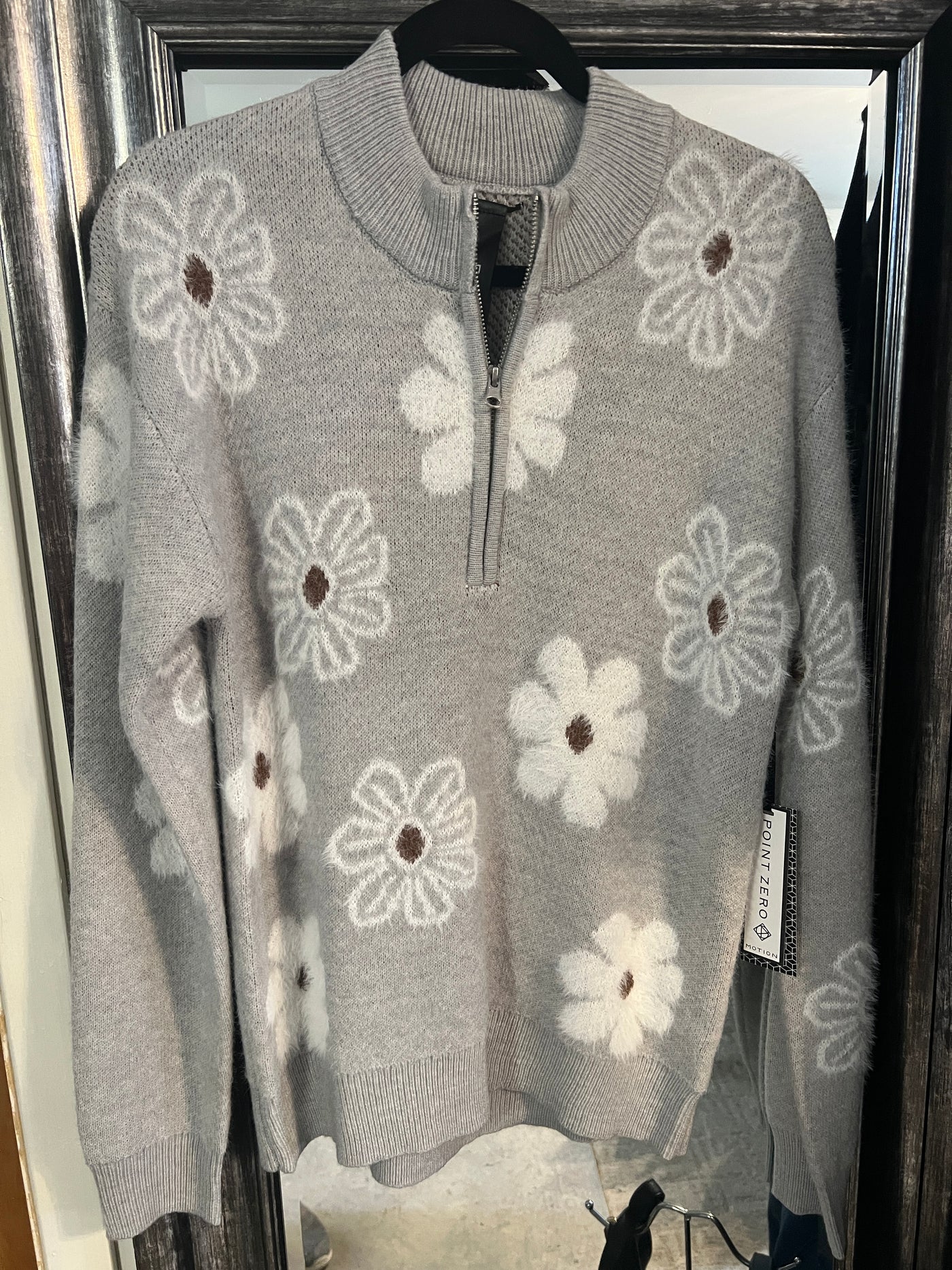 Grey Daisy Half-Zip Sweater