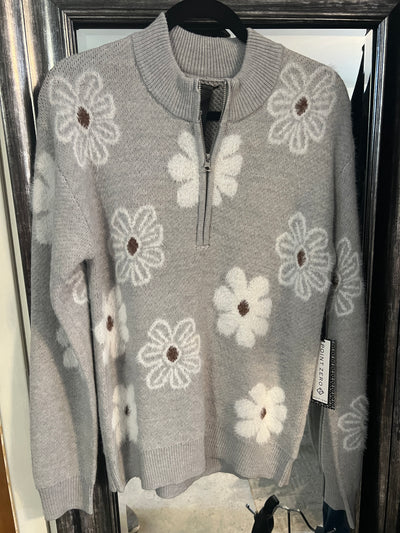 Grey Daisy Half-Zip Sweater