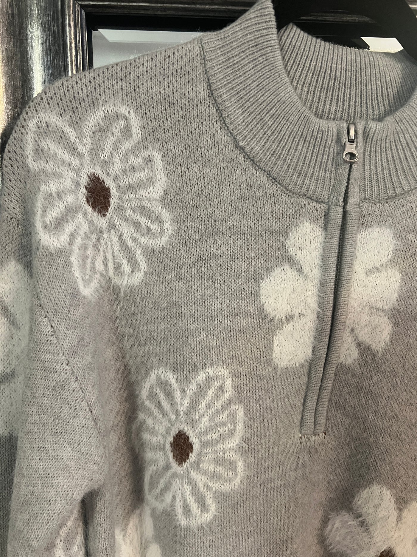 Grey Daisy Half-Zip Sweater