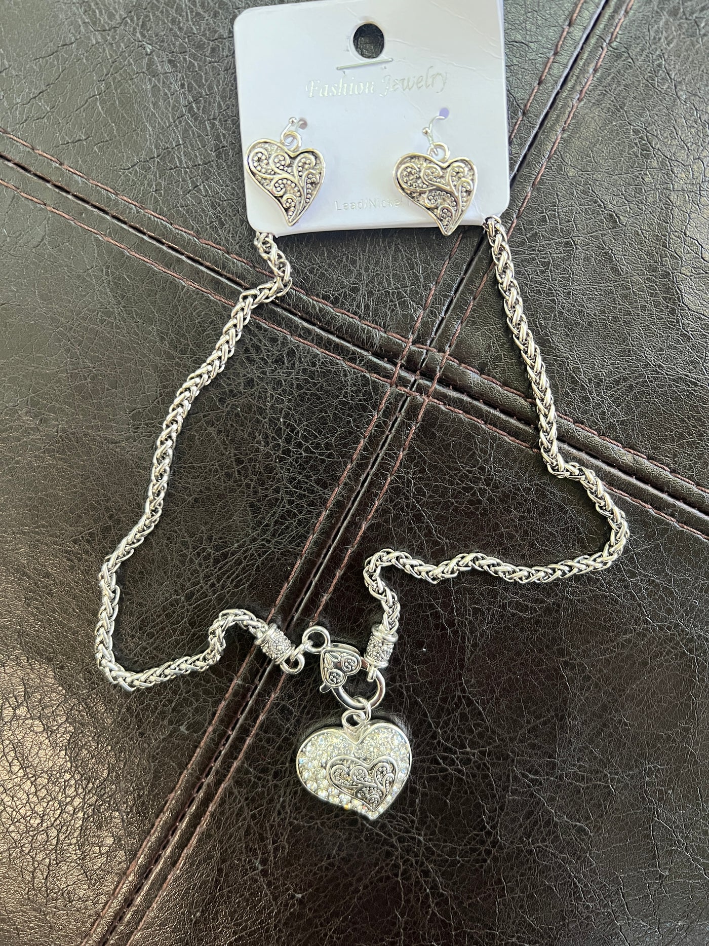 Silver Embellished Heart Necklace and Earring Set