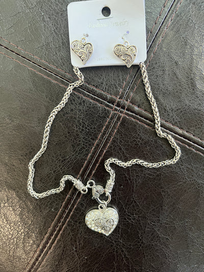 Silver Embellished Heart Necklace and Earring Set