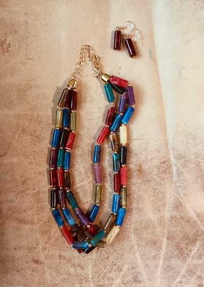 Colourful Three Strand Necklace and Matching earrings