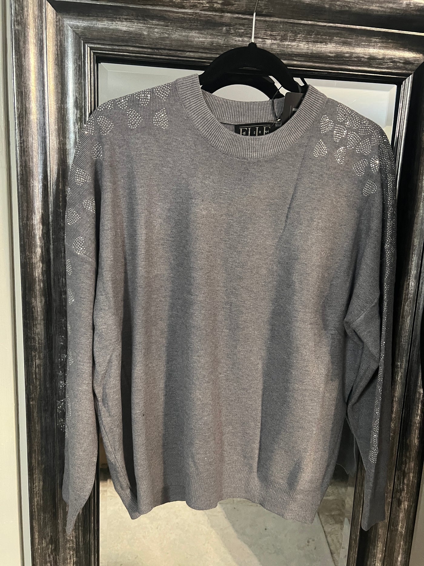 Crew Neck Sweater with Heart Crystal Detailing