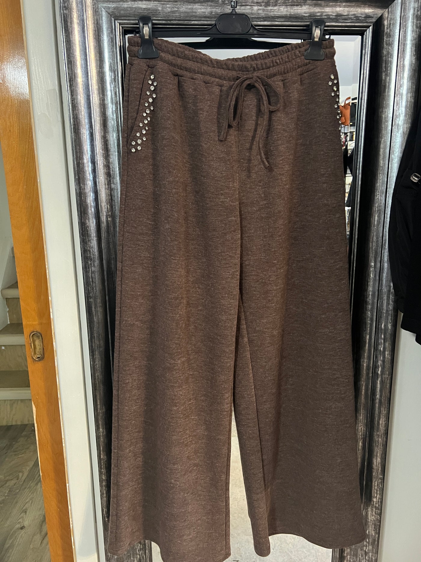 Brown Wide Leg Pants with Crystals
