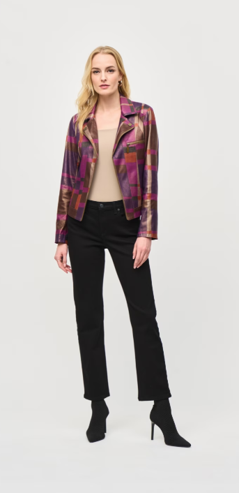 Geometric Faux Suede Motto Jacket- Joseph Ribkoff