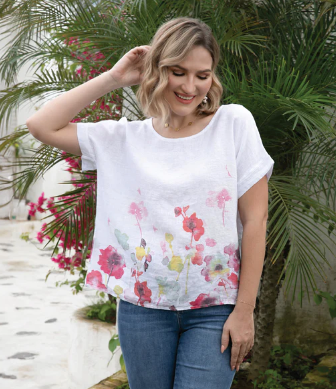 Watercolour Blossom Linen Top