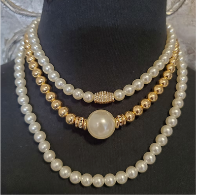 Multi Strand Pearl Necklace Sets -  Gold or Silver