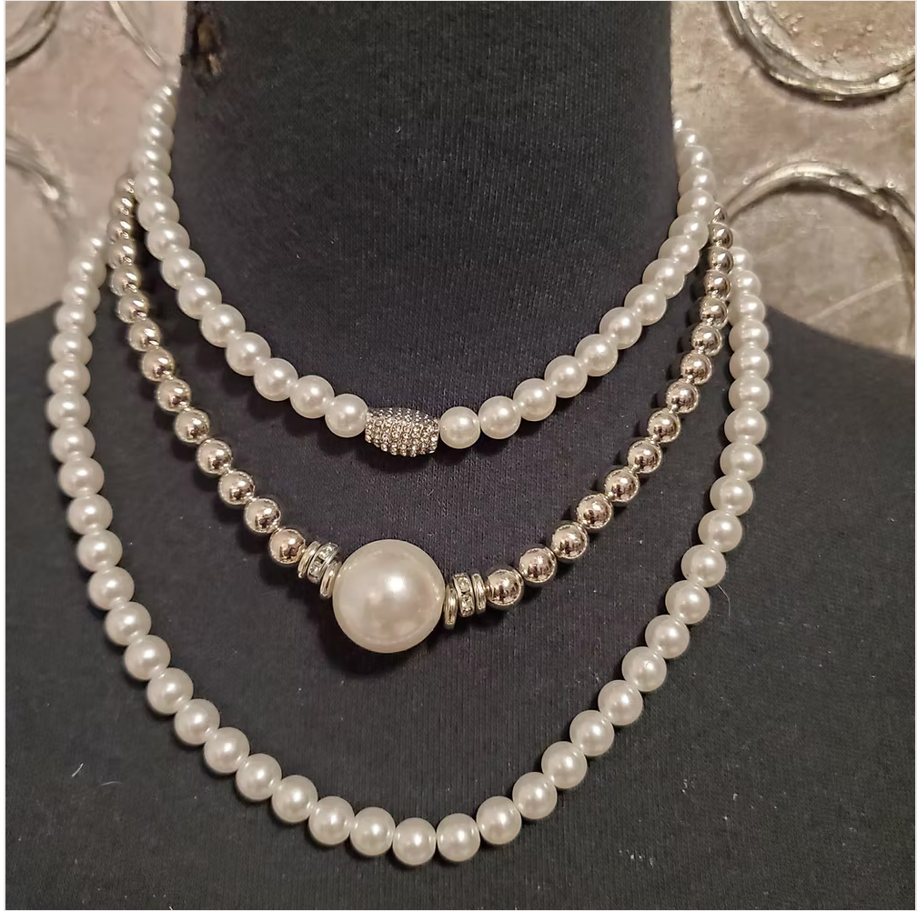 Multi Strand Pearl Necklace Sets -  Gold or Silver