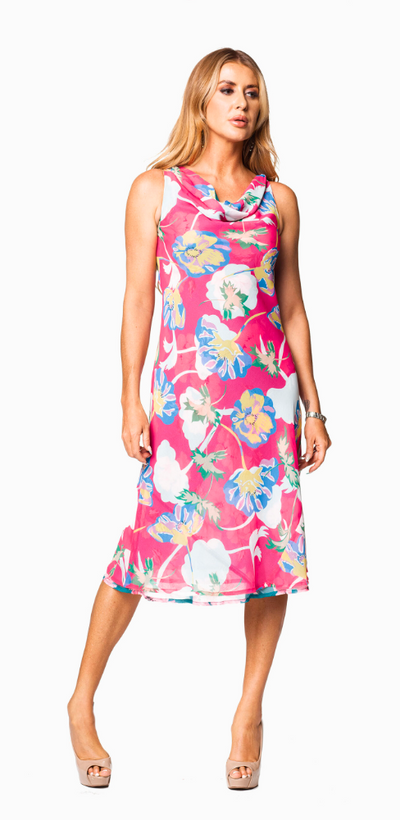 Reversible Dress with Cowl Neck Green  and Pink