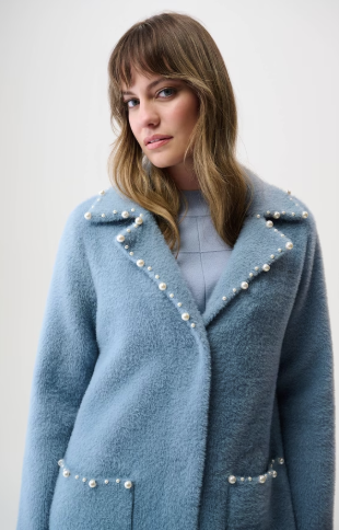 Feather Yarn Sweater Coat with Pearl Trim  by Joseph Ribkoff