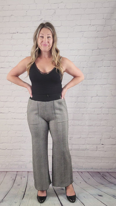 Wide Leg Herringbone Pant in Black