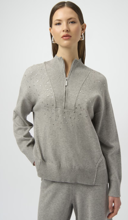 Mock Neck Half Zip Sweater with Rhinestones by Joseph Ribkoff