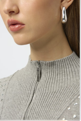 Mock Neck Half Zip Sweater with Rhinestones by Joseph Ribkoff